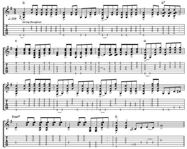 The fifth string is muted by your third finger on all of the G major chords, apart from at bar 4 which is on the G7. Pay close attention to the marked accents, without which this part will sound a little dull. If possible, use your thumb for the F# bass note in bar 14.